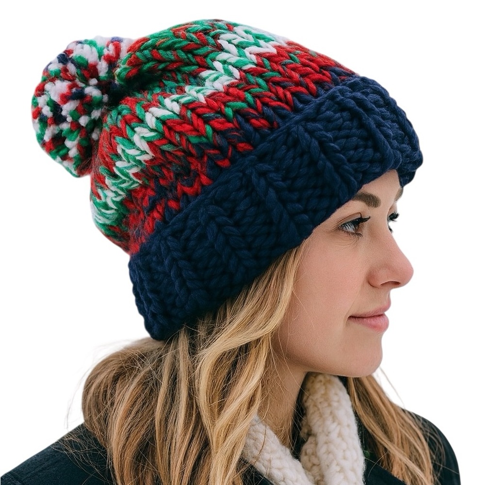 Free People Tide Stripe Chunky Knit Pom Beanie Multi Colored Cuffed Brand New!